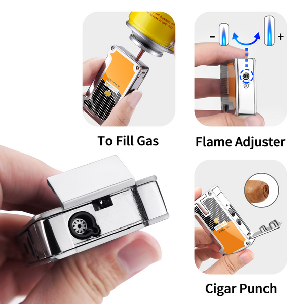 COHIBA Cigar Lighter with Cigar Punch Torch Jet Blue Flame Refillable Butane Gas Lighter Cigar Accessories for Men Gift Box
