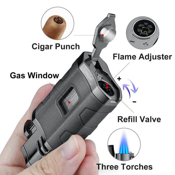 Cigar Three Torch Lighters Triple Jet Flame Refillable Butane Lighter Windproof with Punch Marjiuana Smoking Accessories