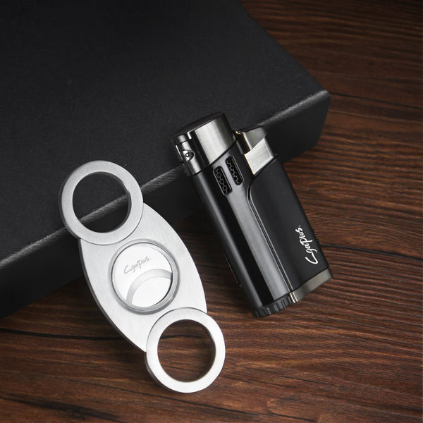 Cigar Cutter and Lighter Set with Butane Refillable Four Jet Flame Lighters Sharpening Blade Cigar Guillotine Windproof Lighter Torch