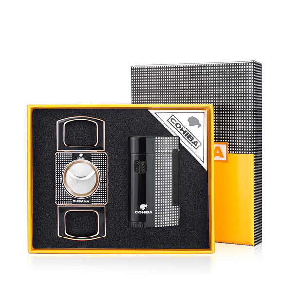COHIBA Cigar Lighter Gift Set with Cigar Cutter Combo Windproof Torch Jet Flame Gas Butane Metal Lighter Accessories Set