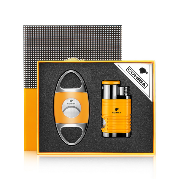 COHIBA Cigar Lighter Cutter Accessories Set Combo 4 Jet Torch Flame Butane Gas Lighters with Cigar Punch Needle Men Gift