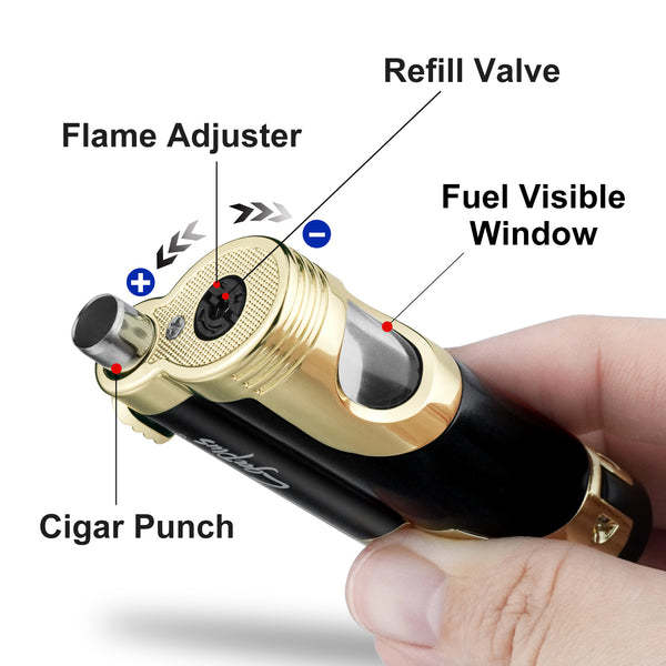 Cigar Torch Butane Lighters Fuel Refillable Lighter with Punch Cutter and Set Double Jet Strong Flame Windproof
