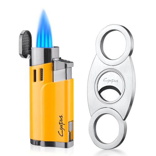 Cigar Cutter and Lighter Set with Butane Refillable Four Jet Flame Lighters Sharpening Blade Cigar Guillotine Windproof Lighter Torch
