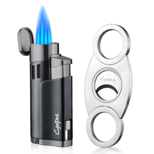 Cigar Cutter and Lighter Set with Butane Refillable Four Jet Flame Lighters Sharpening Blade Cigar Guillotine Windproof Lighter Torch