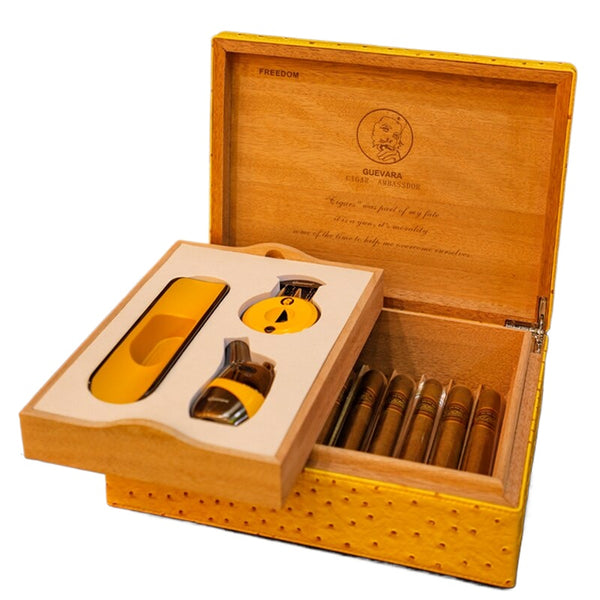 GUEVARA  Leather Waterproof Cedar Wood Cigar Humidor Travel Case with Cigar Lighter Cutter Ashtray Set Cigar Accessories Box