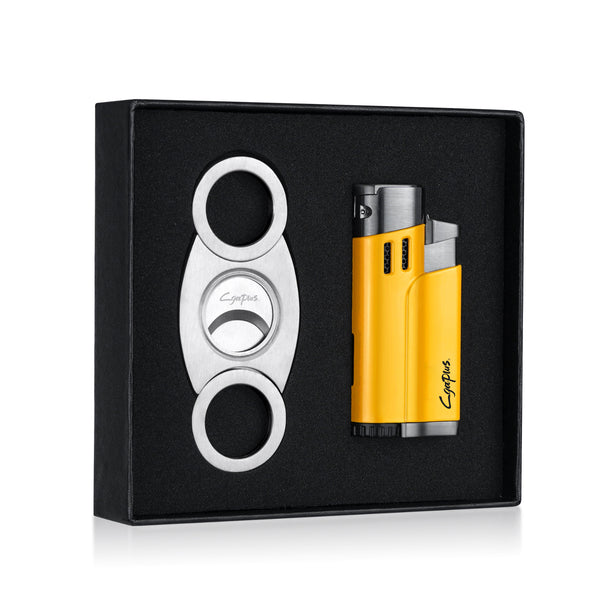 Cigar Cutter and Lighter Set with Butane Refillable Four Jet Flame Lighters Sharpening Blade Cigar Guillotine Windproof Lighter Torch