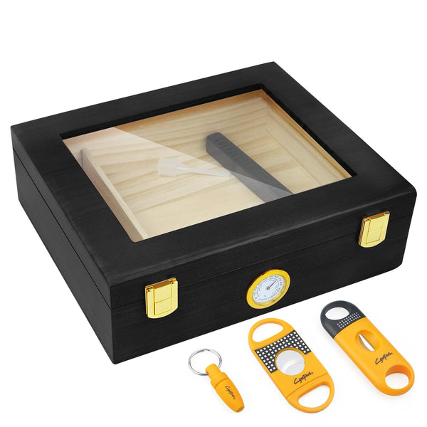 Cgaplus Cigar Humidor Box Desktop Cigar humidor with Hygrometer Humidifier Divider and Cigar Cutter Set Glass Top Cigar Box Holds 20-30 Cigars Wooden Humidor Cigar Box