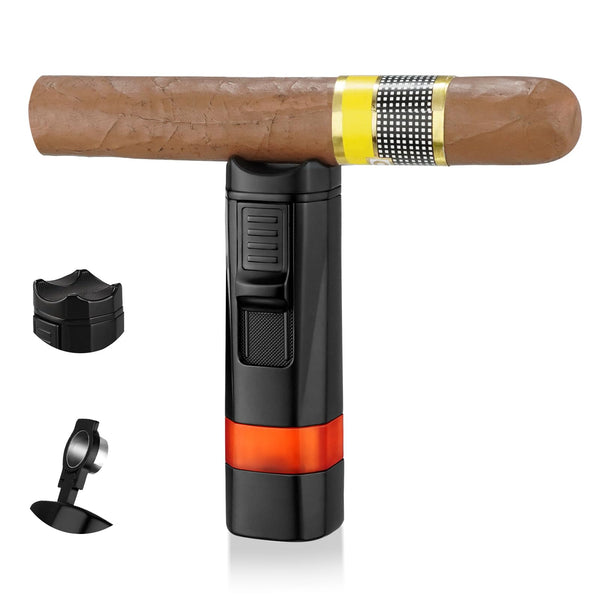 Cgaplus 4 Jet Flame Cigar Lighter with Cigar Stand Windproof Lighter Butane Refillable Torch Lighter with Cigar Punch (Without Gas)