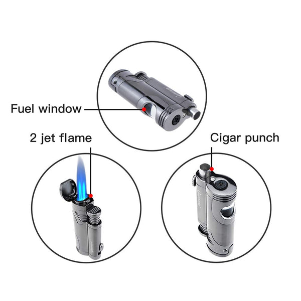 Cigar Torch Butane Lighters Fuel Refillable Lighter with Punch Cutter and Set Double Jet Strong Flame Windproof