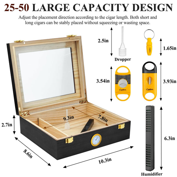 Cgaplus Cigar Humidor Box Desktop Cigar humidor with Hygrometer Humidifier Divider and Cigar Cutter Set Glass Top Cigar Box Holds 20-30 Cigars Wooden Humidor Cigar Box