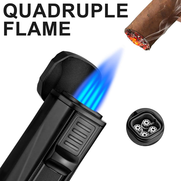 Cgaplus 4 Jet Flame Cigar Lighter with Cigar Stand Windproof Lighter Butane Refillable Torch Lighter with Cigar Punch (Without Gas)