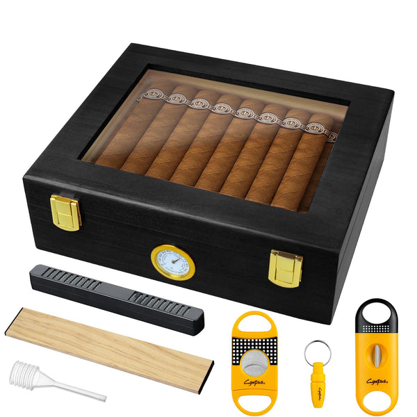 Cgaplus Cigar Humidor Box Desktop Cigar humidor with Hygrometer Humidifier Divider and Cigar Cutter Set Glass Top Cigar Box Holds 20-30 Cigars Wooden Humidor Cigar Box