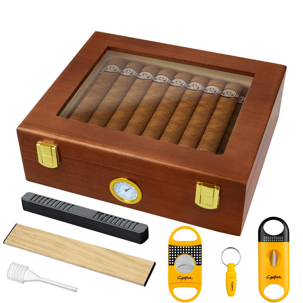 Cgaplus Cigar Humidor Box Desktop Cigar humidor with Hygrometer Humidifier Divider and Cigar Cutter Set Glass Top Cigar Box Holds 20-30 Cigars Wooden Humidor Cigar Box