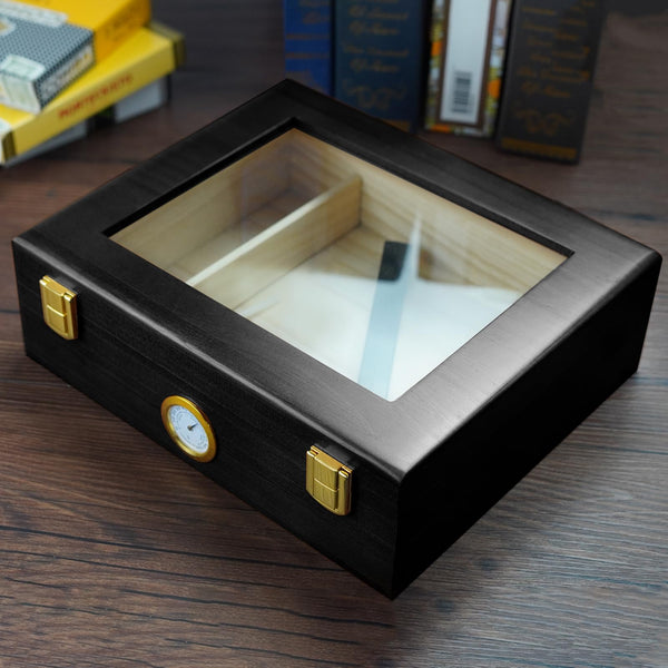 Cgaplus Cigar Humidor Box Desktop Cigar humidor with Hygrometer Humidifier Divider and Cigar Cutter Set Glass Top Cigar Box Holds 20-30 Cigars Wooden Humidor Cigar Box