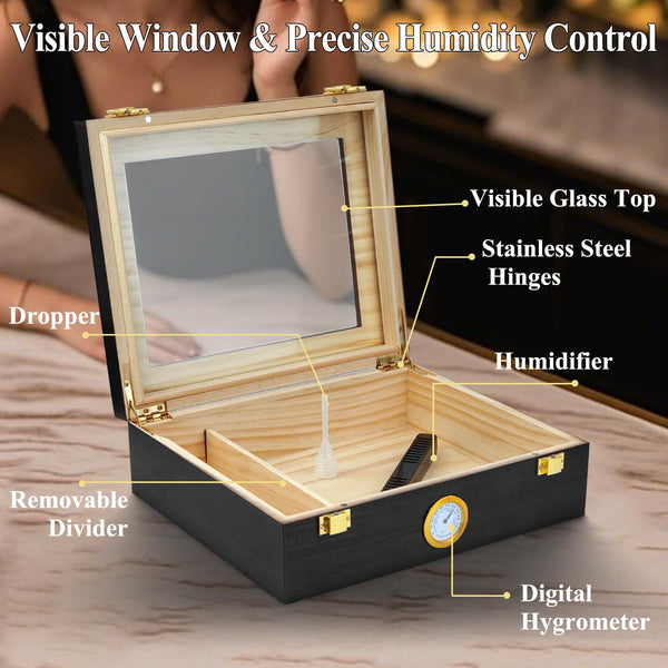 Cgaplus Cigar Humidor Box Desktop Cigar humidor with Hygrometer Humidifier Divider and Cigar Cutter Set Glass Top Cigar Box Holds 20-30 Cigars Wooden Humidor Cigar Box