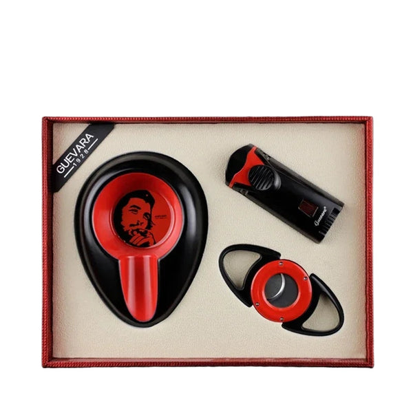 GUEVARA Cigar Set Luxury Single Jet Torch Cigar Lighter and Cutter Gift Suit with Portable Ashtray Accessories for Men Gift