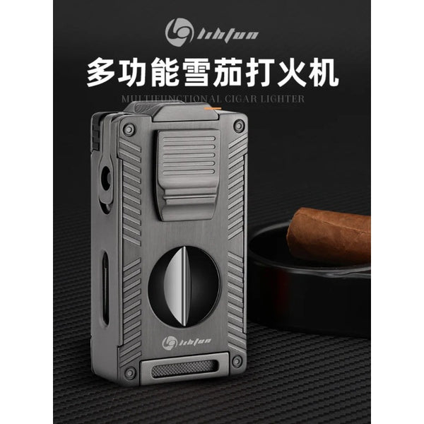 Cigar Lighter Multifunctional Torch Butane V-cut Built-in Cigar Holder Enhancer Cigar Punch Gift for Men Smoking Accessories