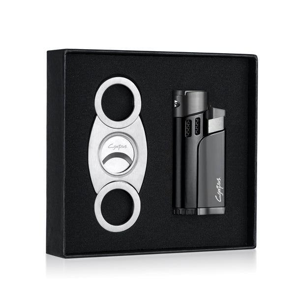 Cigar Cutter and Lighter Set with Butane Refillable Four Jet Flame Lighters Sharpening Blade Cigar Guillotine Windproof Lighter Torch