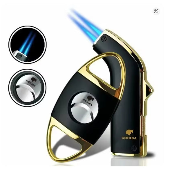 Windproof Metal 2Jet Blue FlameTorch Lighter Cigar Lighter Cutter Set Butane Gas Gift Box for Man Smoking Accessories