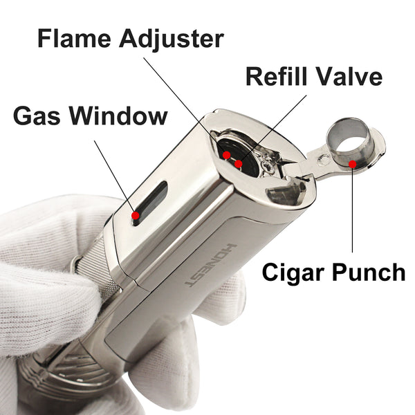 Cigar Lighter 4 Jet Flame Torch Lighter Refillable Butane Lighter Windproof Lighter with Cigar Punch & Cigar Holder Gift for Men Women ( Without Gas)