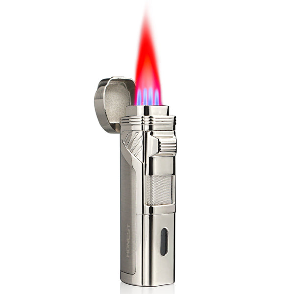 Cigar Lighter 4 Jet Flame Torch Lighter Refillable Butane Lighter Windproof Lighter with Cigar Punch & Cigar Holder Gift for Men Women ( Without Gas)