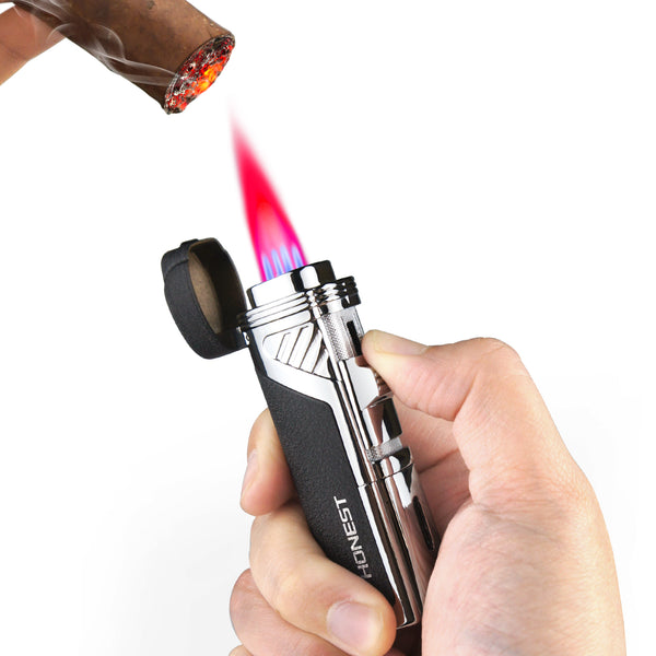 Cigar Lighter 4 Jet Flame Torch Lighter Refillable Butane Lighter Windproof Lighter with Cigar Punch & Cigar Holder Gift for Men Women ( Without Gas)