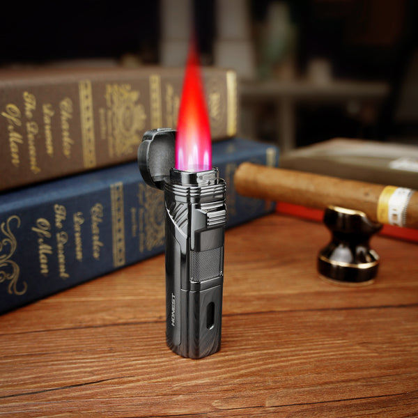 Cigar Lighter 4 Jet Flame Torch Lighter Refillable Butane Lighter Windproof Lighter with Cigar Punch & Cigar Holder Gift for Men Women ( Without Gas)