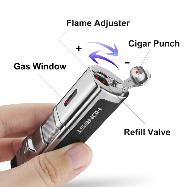 Cigar Lighter 4 Jet Flame Torch Lighter Refillable Butane Lighter Windproof Lighter with Cigar Punch & Cigar Holder Gift for Men Women ( Without Gas)