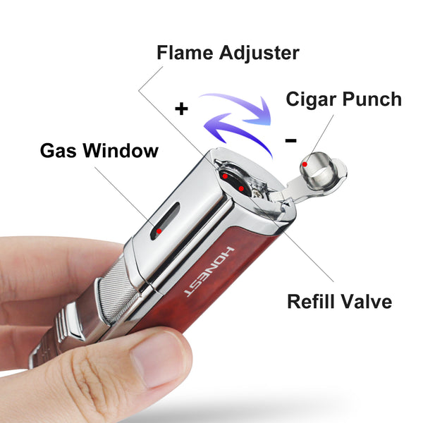 Cigar Lighter 4 Jet Flame Torch Lighter Refillable Butane Lighter Windproof Lighter with Cigar Punch & Cigar Holder Gift for Men Women ( Without Gas)