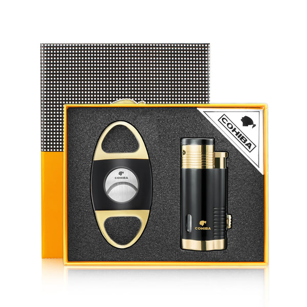 COHIBA Cigar Accessories Set Lighter and Cutter Combo Windproof Butane Gas Torch Metal Lighters with Cigar Punch Needle Gift