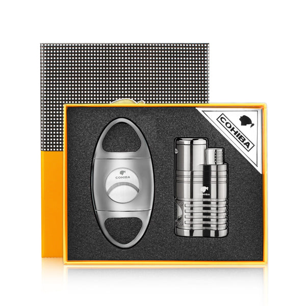 COHIBA Cigar Lighter Cutter Accessories Set Combo 4 Jet Torch Flame Butane Gas Lighters with Cigar Punch Needle Men Gift