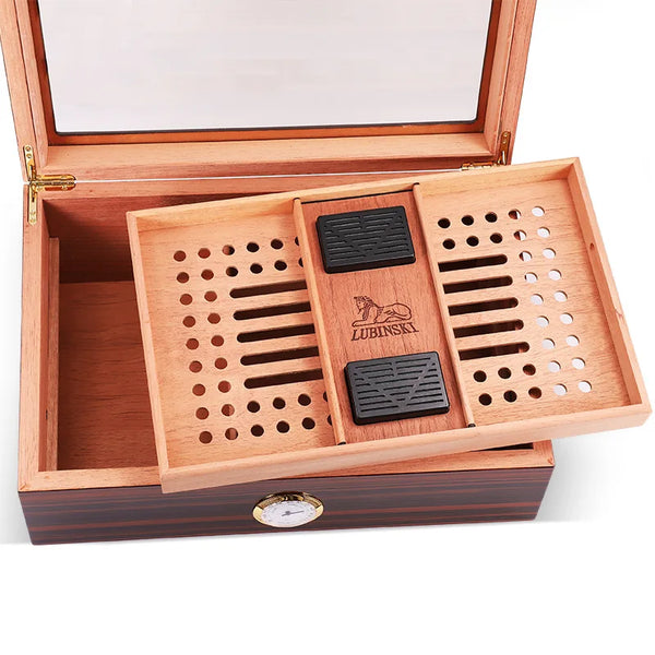 LUBINSKI Humidor Cigar Box Glass  Cedar Wood 75-100CT Capacity Big Cigar Humidor Box Home Storage Cigars Tool Box W/ Hygrometer