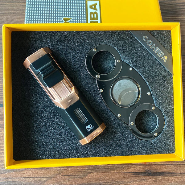 COHIBA Gift Box Cigar Lighter Cutter Set Windproof Torch Jet Flame Gas Butane Metal with Punch Mini Lighter Accessories set