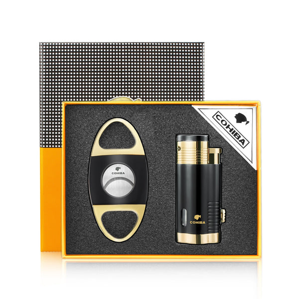 COHIBA Cigar Lighter and Cutter Combo Metal Windproof Butane Gas Torch Lighters with Cigar Punch Needle Accessories Men Gift Set