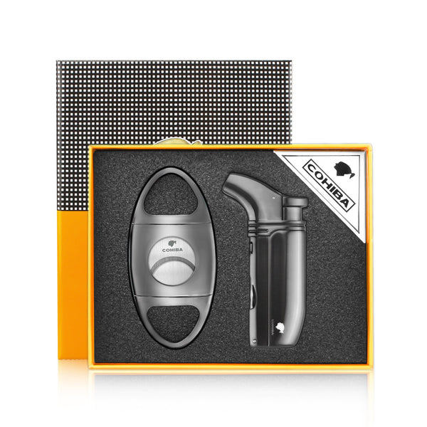 COHIBA Cigar Lighter and Cutter Set Metal Windproof Butane Gas Torch Lighters with Cigar Punch Needle Cigar Accessories Men Gift