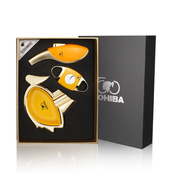 COHIBA Cigar Lighter Accessories Set Cigar Cutter Como Cigar Ashtray Windproof Butane Gas Torch Jet Flame Lighter Cigar Men Gift Box