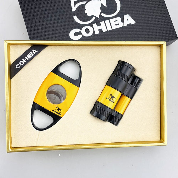 COHIBA 2 Jet Flame Gas Cigar Cutter Set Gift Box Set Accessories Cigar Lighter Torch Tool Butane Cigarette with Cigar Punch