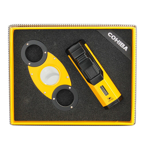 COHIBA Gift Box Cigar Lighter Cutter Set Windproof Torch Jet Flame Gas Butane Metal with Punch Mini Lighter Accessories set