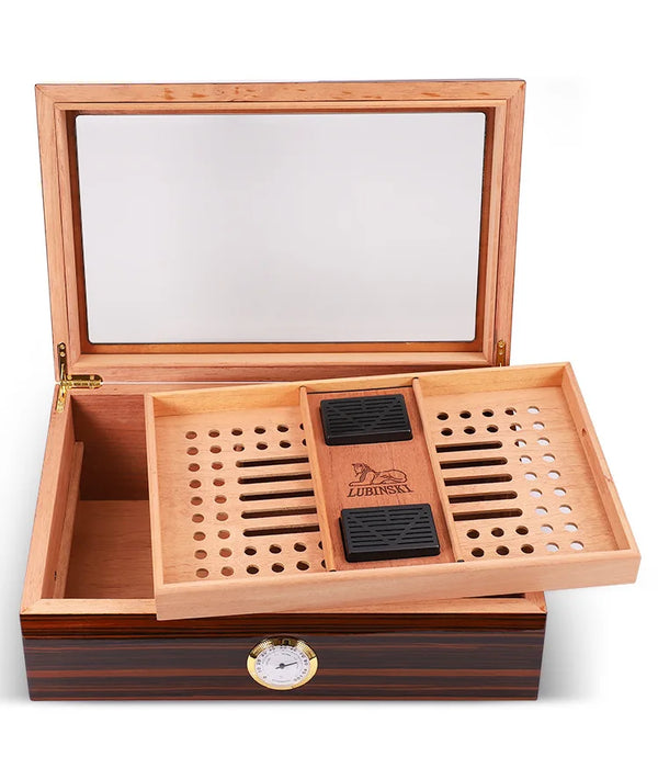 LUBINSKI Humidor Cigar Box Glass  Cedar Wood 75-100CT Capacity Big Cigar Humidor Box Home Storage Cigars Tool Box W/ Hygrometer