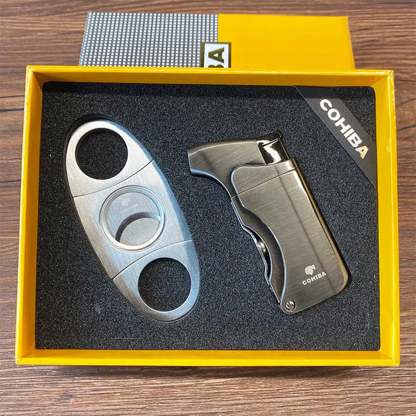 Cigar Lighter Cutter Accessories Set Metal Windproof Butane Gas C Torch Lighters Stainless Steel Cigar Punch for Gift Box