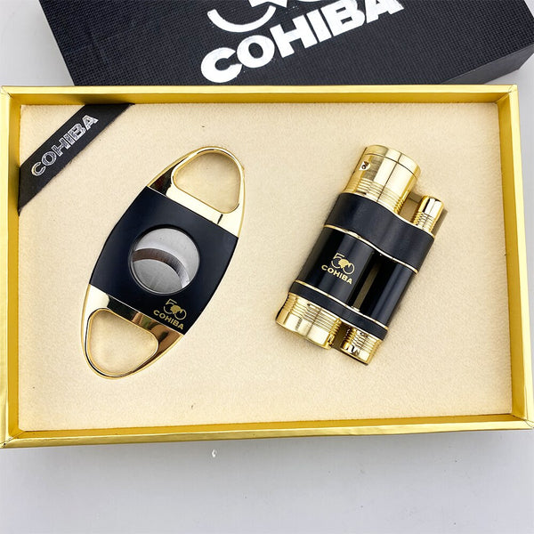 COHIBA 2 Jet Flame Gas Cigar Cutter Set Gift Box Set Accessories Cigar Lighter Torch Tool Butane Cigarette with Cigar Punch