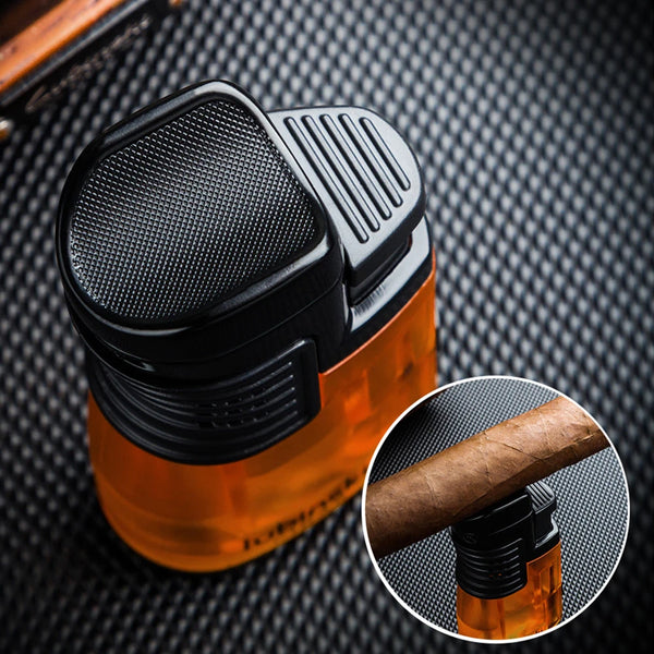 LUBINSKI Cigar Lighter Cigarette Tobacco Lighter 3 Torch Jet Flame Refillable Cigar Accessories with Holder Portable Gift Box
