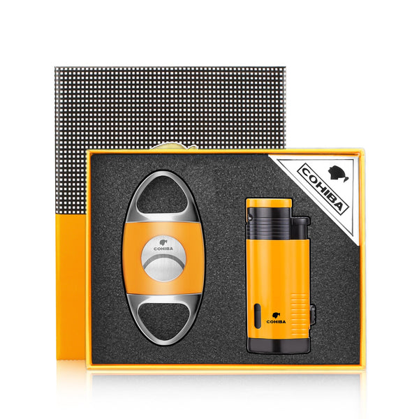 COHIBA Cigar Accessories Set Lighter and Cutter Combo Windproof Butane Gas Torch Metal Lighters with Cigar Punch Needle Gift
