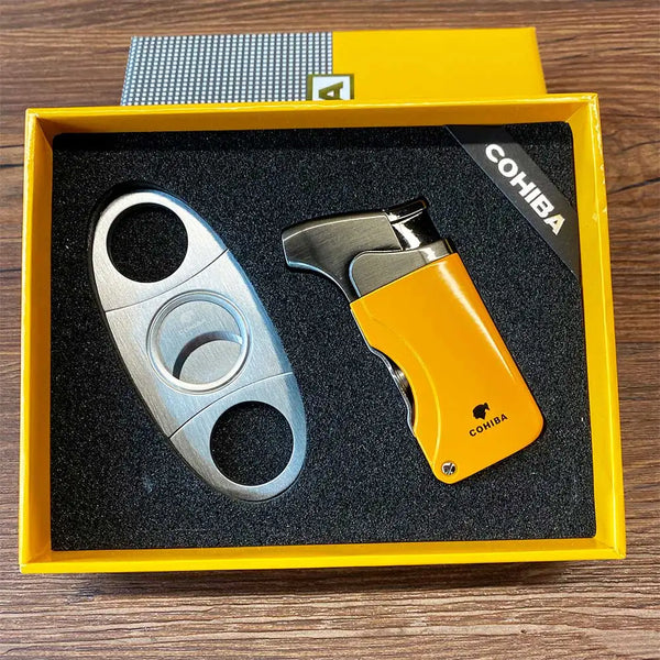 Cigar Lighter Cutter Accessories Set Metal Windproof Butane Gas C Torch Lighters Stainless Steel Cigar Punch for Gift Box