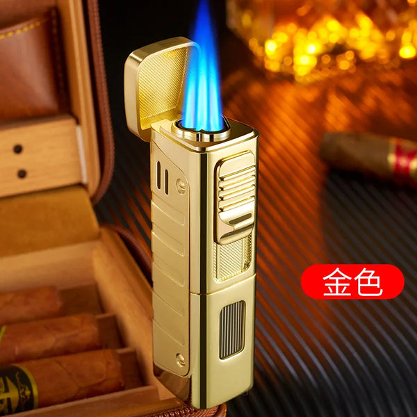 Metal Direct Lighter Cigar Blue Flame 3 Jet Torch Gas Butane Fire Lighter Visual Air Chamber Accessories Cigar Lighters