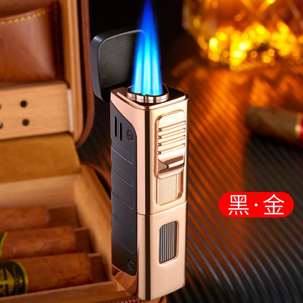 Metal Direct Lighter Cigar Blue Flame 3 Jet Torch Gas Butane Fire Lighter Visual Air Chamber Accessories Cigar Lighters