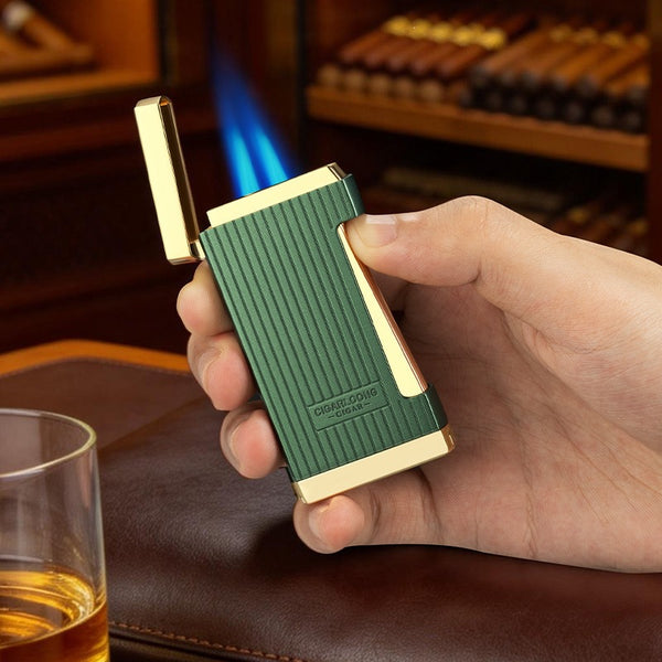 Cigar accessories three-piece set: ashtray, lighter, cigar cutter - semi-automatic v-cut, sharp, gift box packaging, stainless steel
