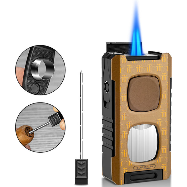 Multifunctional Dual Flame Direct Flush Cigar Lighter with Cigar Cutter Portable 5-in-1 Lighter CB-26BD1