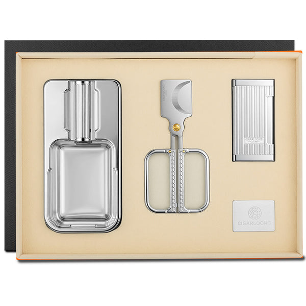 Cigar accessories three-piece set: ashtray, lighter, cigar cutter - semi-automatic v-cut, sharp, gift box packaging, stainless steel