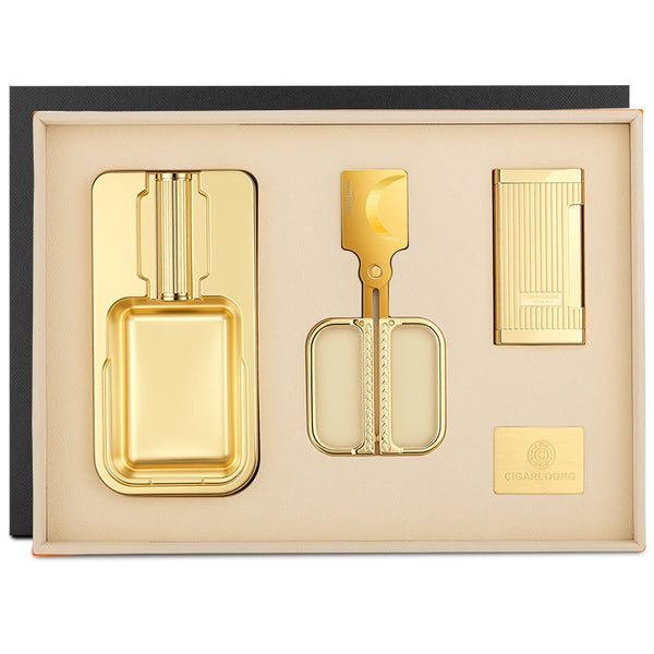 Cigar accessories three-piece set: ashtray, lighter, cigar cutter - semi-automatic v-cut, sharp, gift box packaging, stainless steel